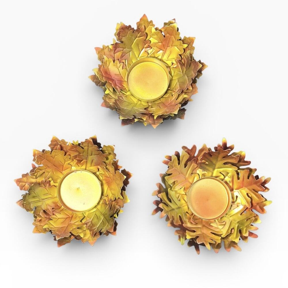 2015 Hobby Lobby 3 Fall Orange Yellow Tin Metal Leaf Votive Candle Holders 5.5”